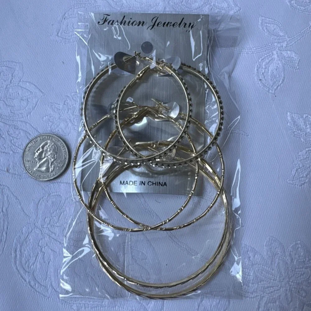 3 Sets Goldetone CZ Hoop 2 2.5 3 Inch Itched Lightweight Earrings NEW
